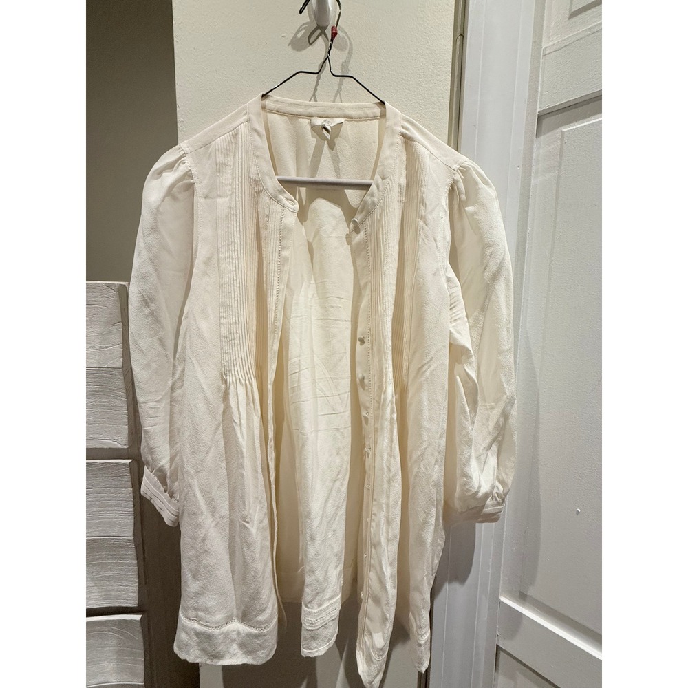 Joie White Pintuck Pleated Long Sleeve Lace Trim Button Front Blouse Small